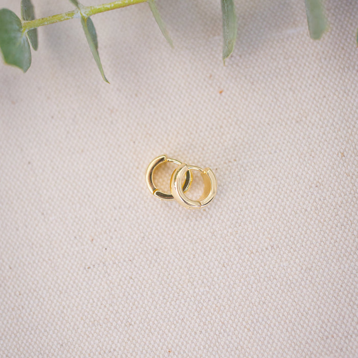Two gold rings on a textured beige surface with green leaves in the background