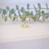 Two gold rings on a white surface with green leaves in the background
