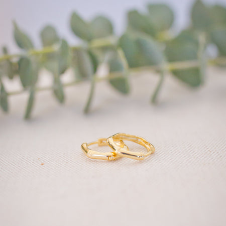Two gold bamboo earrings on a textured surface with green leaves in the background