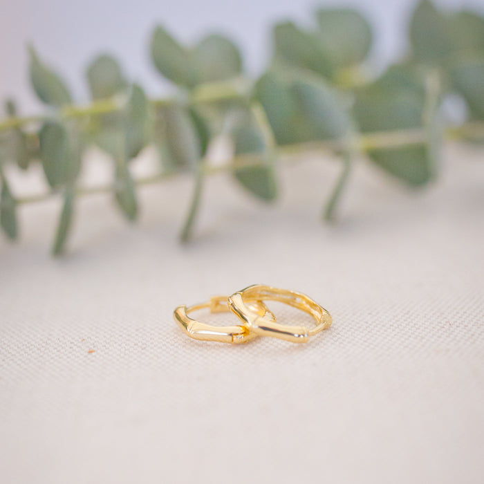Two gold bamboo earrings on a textured surface with green leaves in the background