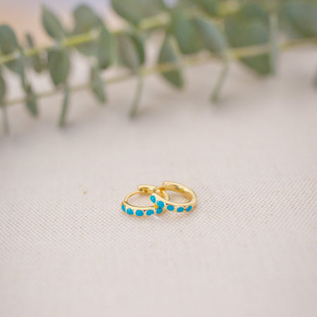 Gold hoop earrings with turquoise stones on a textured surface with greenery in the background
