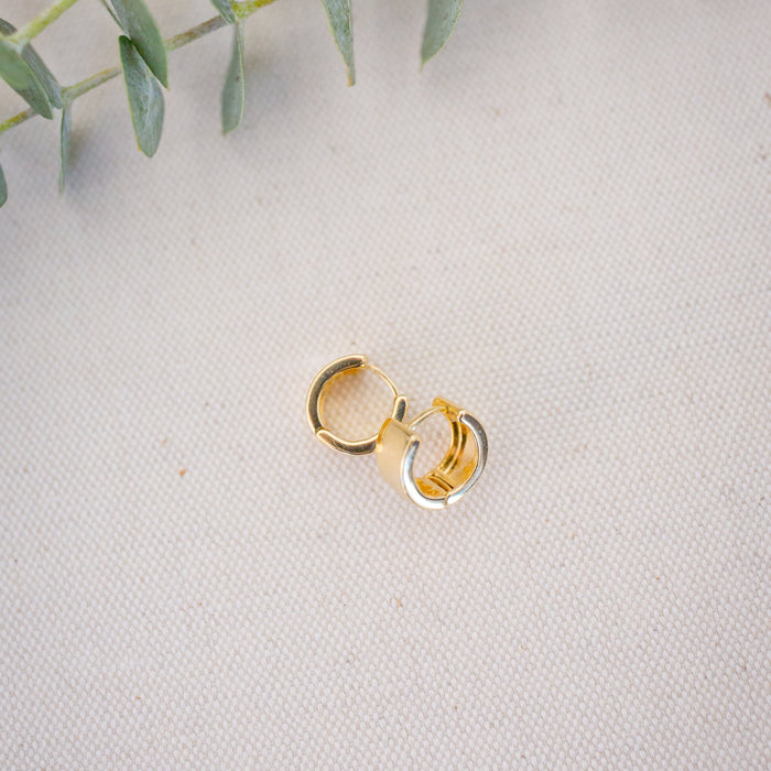 Gold hoop earring on a light gray fabric background with green leaves.