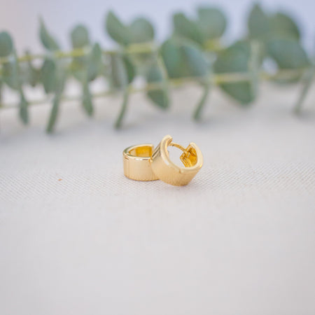 Gold hoop earrings on a light surface with green leaves in the background