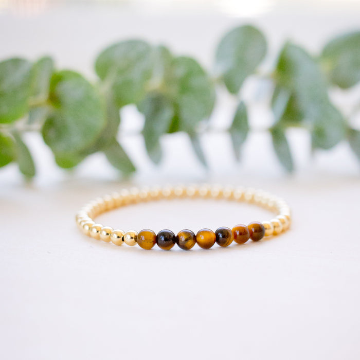 tigers eye single bracelet with gold beads 