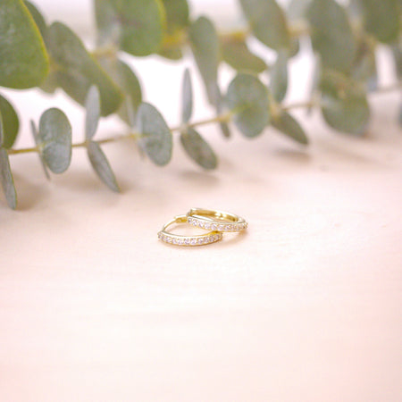 tiny pave huggies 15mm on wood with greenery