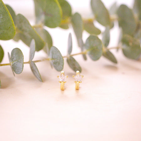 huggies with tiny CZ star crystal on the front on wood backdrop and greenery