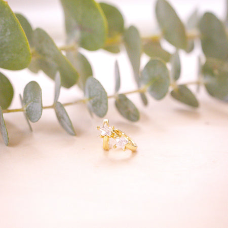 huggies with tiny CZ star crystal on the front on wood backdrop and greenery