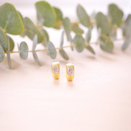 chunky gold sparkle hoop or huggies with greenery in background