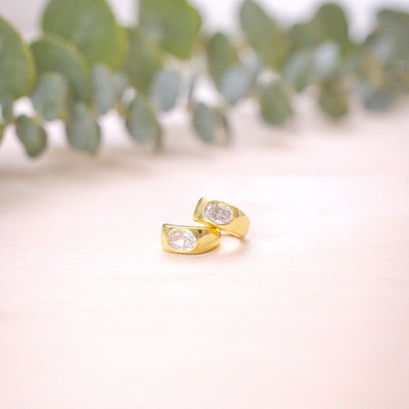 chunky gold sparkle hoop or huggies with greenery in background