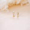 hazel gemstone huggies on wood background