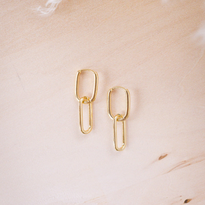 Double Link Earrings – gold-filled statement earrings with a sleek modern design. Lightweight, tarnish-resistant, and perfect for office, evening, or everyday wear.