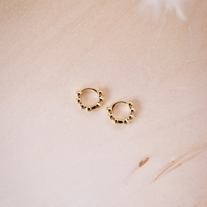 tiny huggies with gold ball texture on wood background