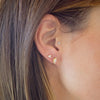 Close-up of an ear wearing gold earrings with a blurred background