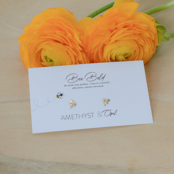 tiny gold bee studs bee bold on inspirational card