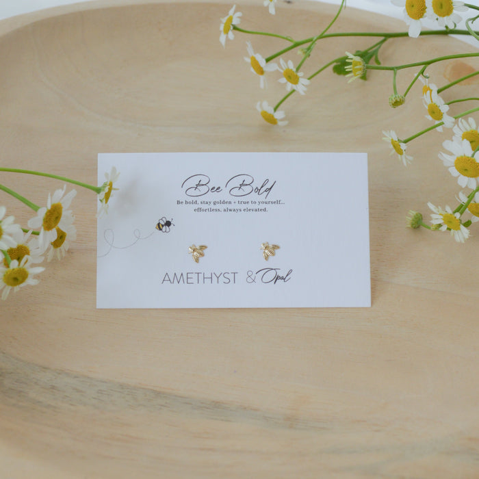 tiny gold bee studs bee bold on inspirational card