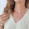 Woman wearing a delicate gold necklace with a small pendant against a neutral background
