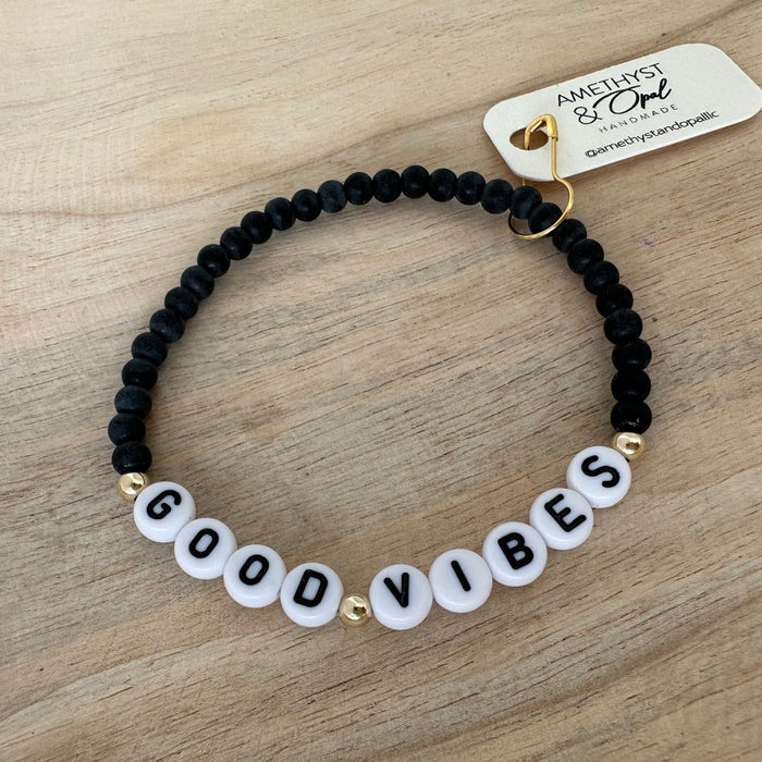 Personalized onyx beaded bracelet with custom name or word. Bold, meaningful, and perfect for stacking bracelets or gifting.