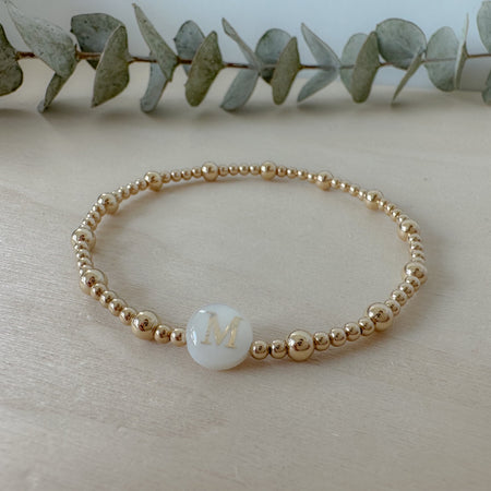 MOP initial bracelet - gold beaded bracelet 